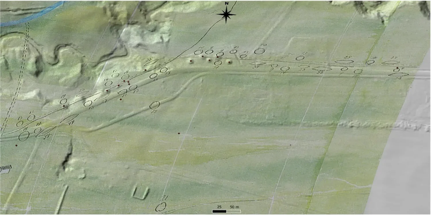 Georeferert utgave av Sommerschields kroki over gravfeltet ved arkeolog Lars Forseth