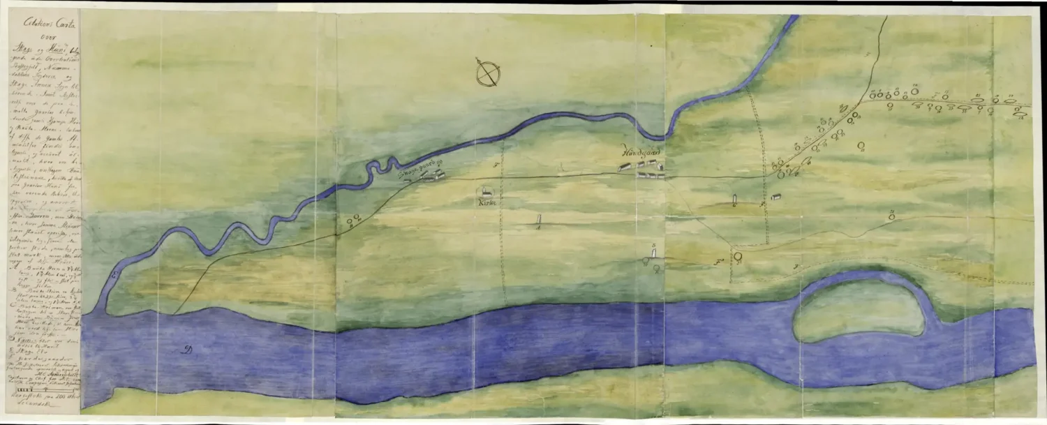 Kart utarbeidet av kaptein (seinere oberst) Henrich Chr. Sommerschield ved Det Overhaldske Compagnie på Skage gård (lokal uttale skagga) i 1774 for Gerhard Schøning i anledning av hans besøk i Overhalla.