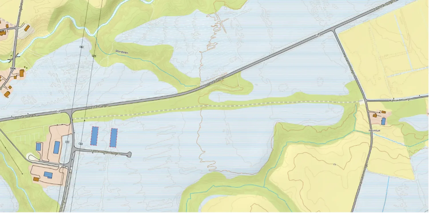 Kavlvegen er stiplet linje sør for FV 17 – Hunn mot vest (venstre) og grenda Håi/Rygg mot øst (høgre). Utskrift fra Norgeskart.